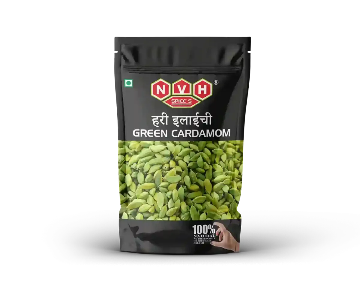 "NvH Whole Green Cardamom packed for freshness, offering a sweet and aromatic spice for desserts, teas, and savory dishes."