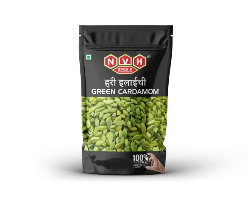 "NvH Whole Green Cardamom packed for freshness, offering a sweet and aromatic spice for desserts, teas, and savory dishes."