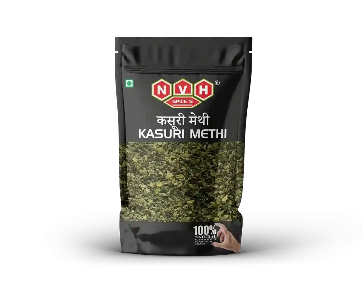 "NvH Kasuri Methi packed with natural freshness, offering dried fenugreek leaves for rich flavor and aroma in dishes