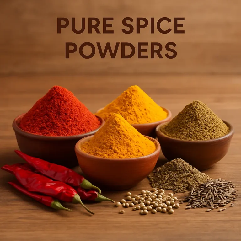 Pure spice powders displayed in bowls, including red chili powder, turmeric powder, and cumin powder, showcasing vibrant colors and freshness.