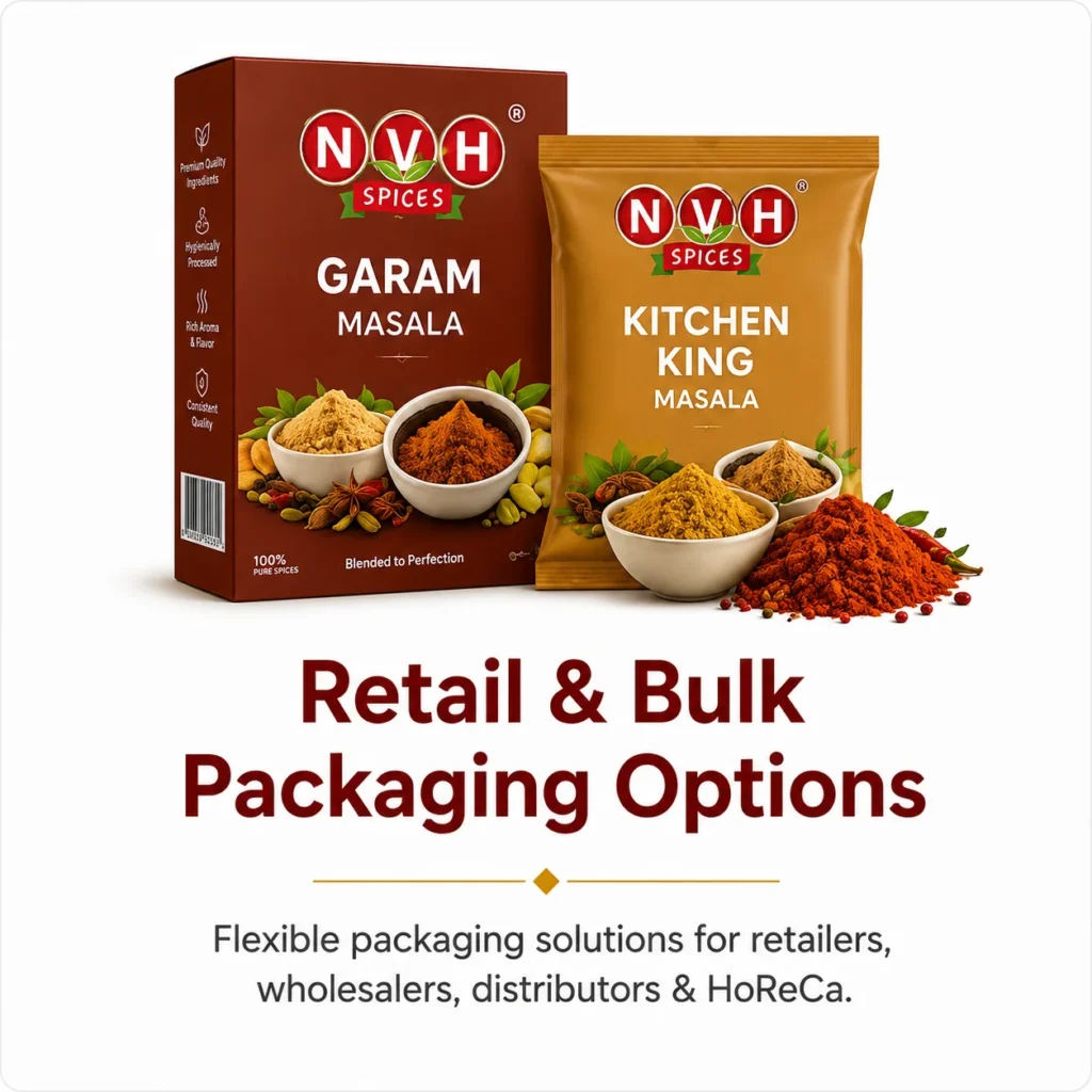 NVH Spices Garam Masala box and Kitchen King pouch, displaying flexible retail and bulk wholesale spice packaging options for FMCG distributors and HoReCa.