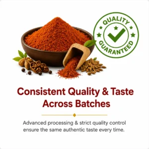 Quality guaranteed badge with premium spices, highlighting NVH Spices' consistent quality and authentic taste for wholesale FMCG distributors and retailers.