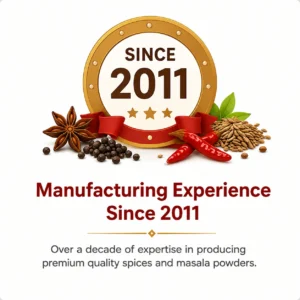 NVH Spices golden badge showcasing manufacturing experience since 2011 as a trusted wholesale spice manufacturer for B2B distributors and retailers.