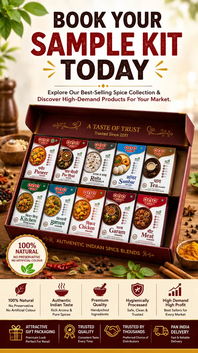 NVH Spices premium free sample kit box containing authentic Indian masala blends for wholesale distributors and retailers.