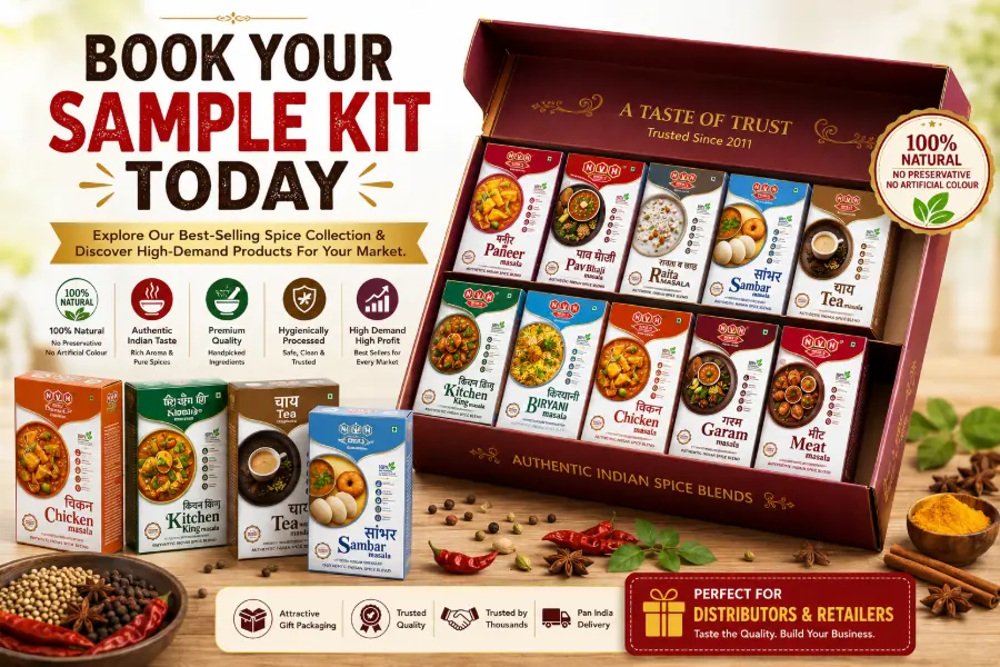 NVH Spices premium free sample kit box containing authentic Indian masala blends for wholesale distributors and retailers.