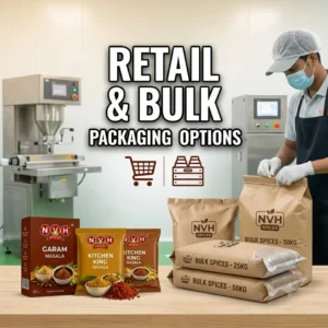 NVH Spices offers flexible wholesale spice packaging options including premium retail boxes, pouches, and bulk bags for HoReCa.